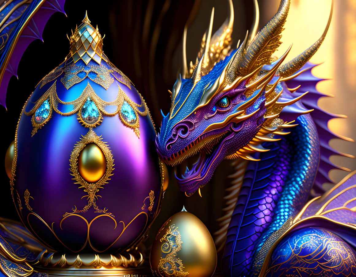 Majestic dragon with blue and gold scales and ornate egg in 3D render