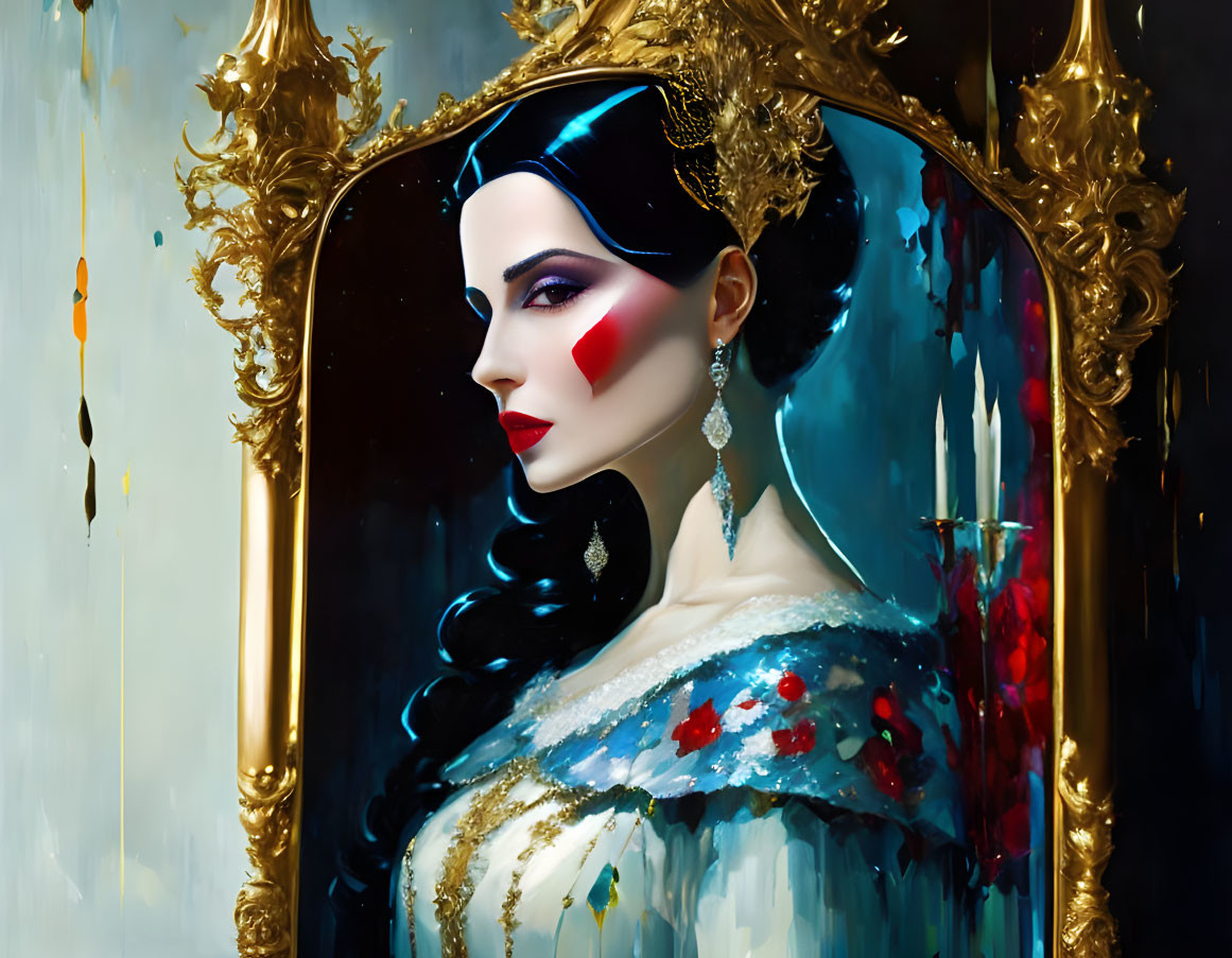 Realistic and abstract painting of woman with striking makeup in golden mirror