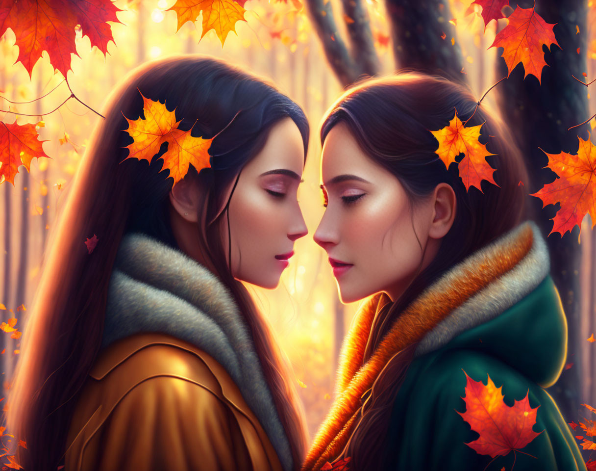 Two women in autumn setting with closed eyes