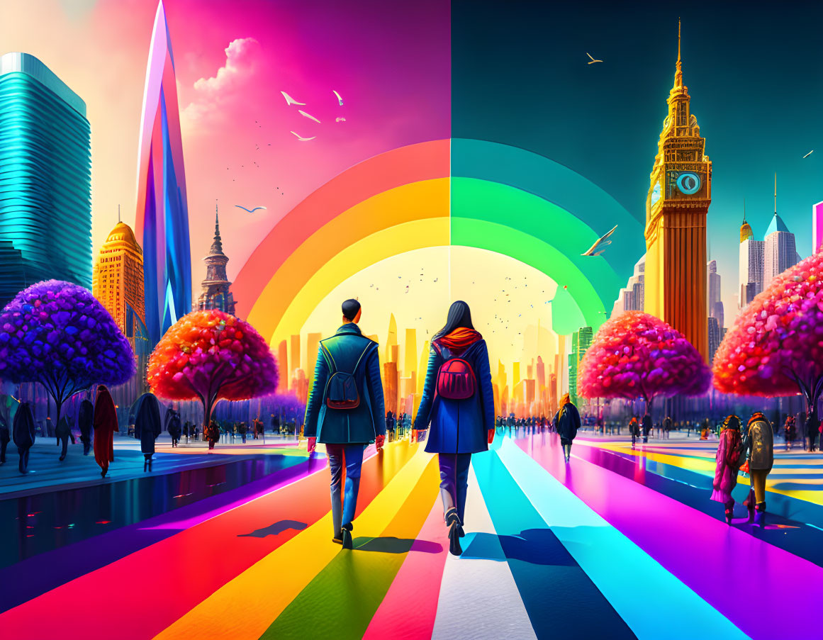 Futuristic cityscape with couple walking on color-striped road