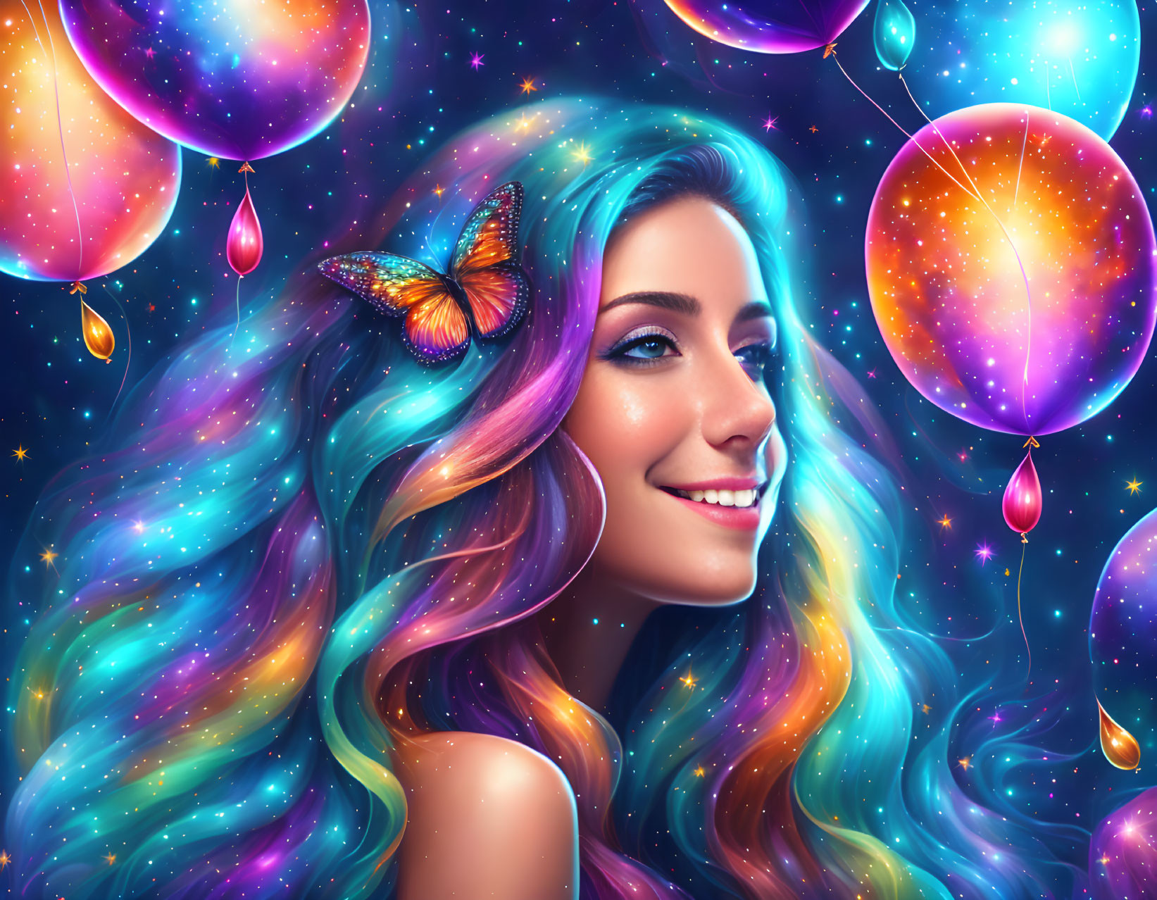 Colorful fantasy portrait of woman with multicolored hair and butterfly, glowing balloons, starry backdrop