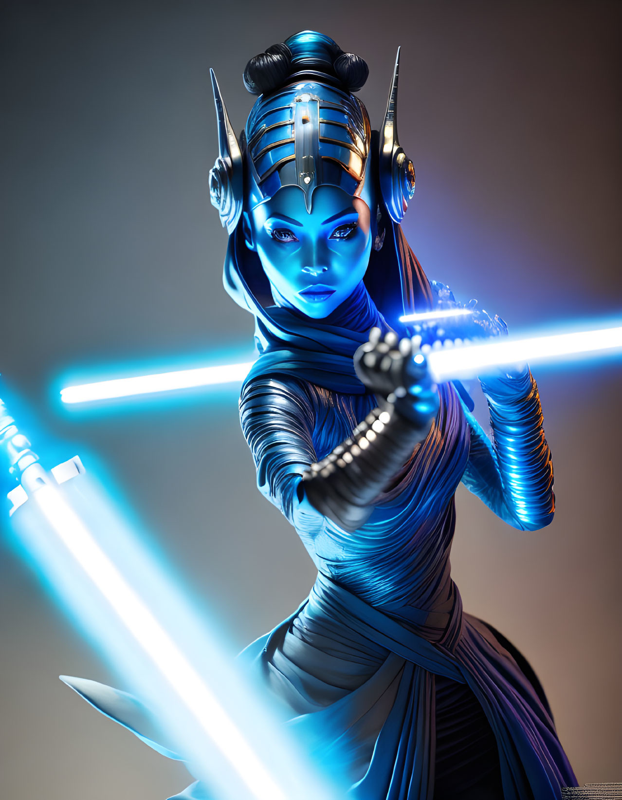 Blue-skinned female warrior with dual glowing lightsabers in futuristic armor.