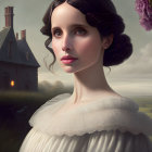 Dark-haired woman in Victorian dress near mansion at dusk.