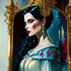 Realistic and abstract painting of woman with striking makeup in golden mirror