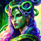 Colorful artwork: Woman with green skin, purple hair, snake motifs, mystical forest.