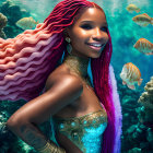 Smiling woman with pink braided hair in mermaid attire underwater with fish and coral