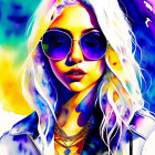 Colorful digital portrait of a person with white hair, purple sunglasses, and leather jacket.