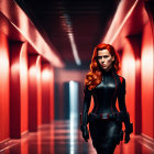 Red-haired woman in black bodysuit in futuristic red-lit corridor