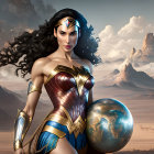 Female superhero with tiara holding Earth in desert backdrop