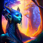 Blue-skinned alien humanoid in ethereal forest setting