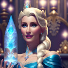 Regal woman in blue gown holding ice crystal