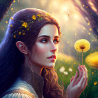 Elven woman in sunlit forest touching dandelion seeds