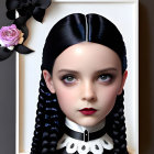 Digital portrait of a girl with pale skin and dark hair in braids, wearing a black bow and