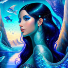 Surreal illustration of woman with blue hair and fish scales in aquatic fantasy scene