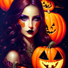 Purple-haired woman with Halloween makeup among carved pumpkins and glowing jack-o'-lantern