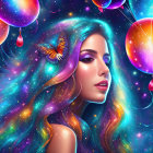 Colorful fantasy portrait of woman with multicolored hair and butterfly, glowing balloons, starry backdrop