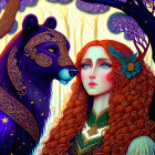 Illustrated woman with red hair and wolf in mystical forest scene