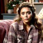 Woman with long wavy hair and crown headband in cozy room on red couch