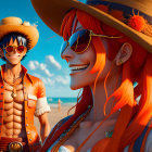 Vibrant 3D illustration of two characters on sunny beach