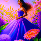 Smiling woman in blue gown surrounded by flowers and butterflies