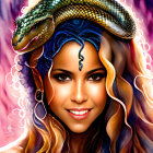 Colorful portrait of woman with jeweled snake, warm tones and mystical vibe