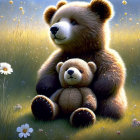 Illustration: Two teddy bears in sunlit field with flowers