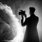 Silhouette of photographer with billowing white fabric on dark background