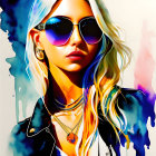 Colorful digital artwork: Woman with multicolored hair, sunglasses, and paint splash.