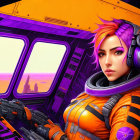 Female astronaut in orange spacesuit with purple hair and futuristic gun in spacecraft.