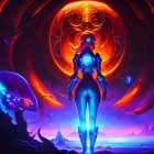 Sci-fi scene: Figure in blue suit, orange vortex, celestial eyes, dragon-like creatures, star