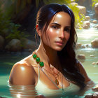 Digital portrait of woman with long dark hair and earrings in water with forest background