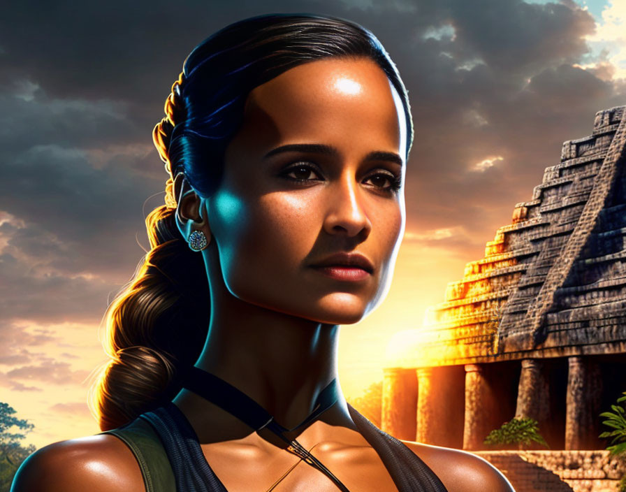 Braided ponytail woman with earphones near ancient pyramid