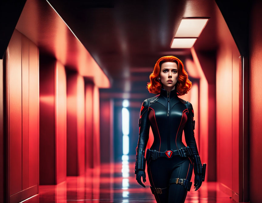 Red-haired woman in black bodysuit in futuristic red-lit corridor