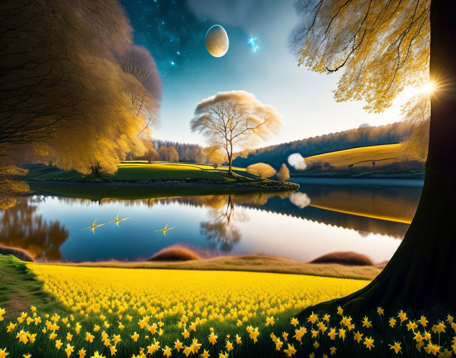 Tranquil starry night sky over vibrant yellow flower field