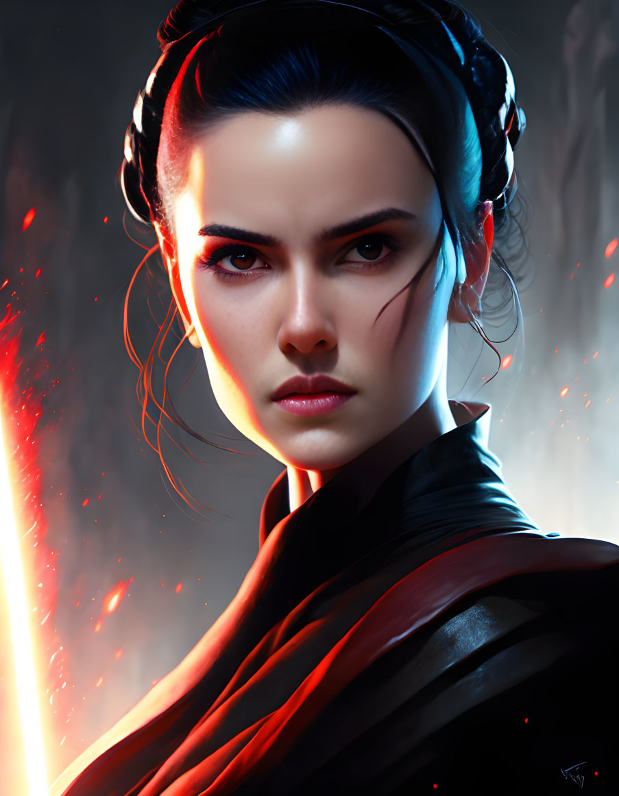 Woman in dark attire with headphones holding red lightsaber