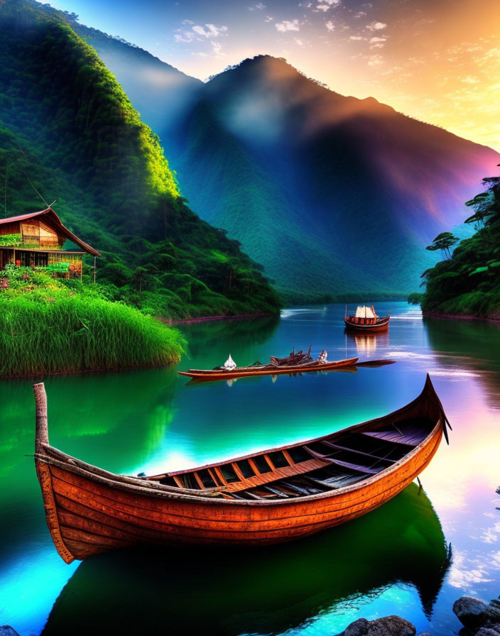 Scenic river landscape with wooden boat, cabin, mountains, and lush greenery