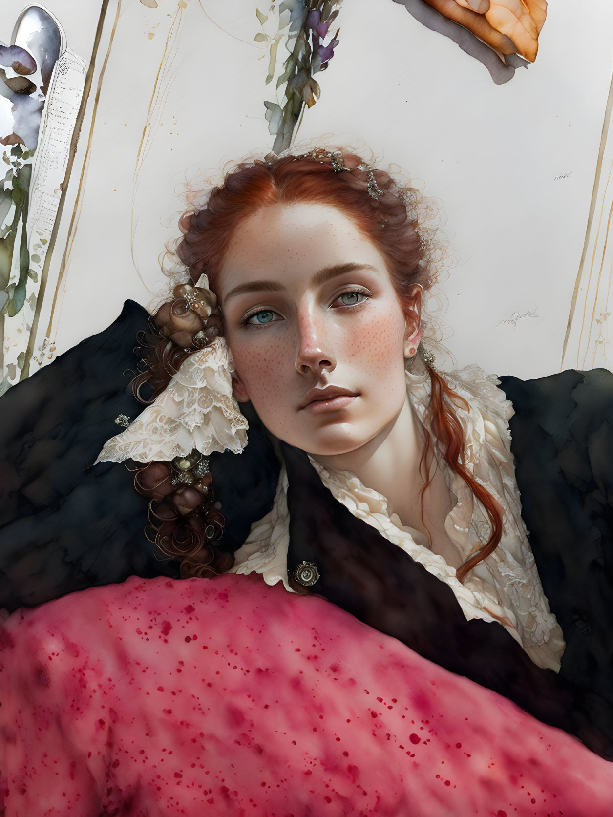 Portrait of a woman with red hair, freckles, black cloak, white collar, and red