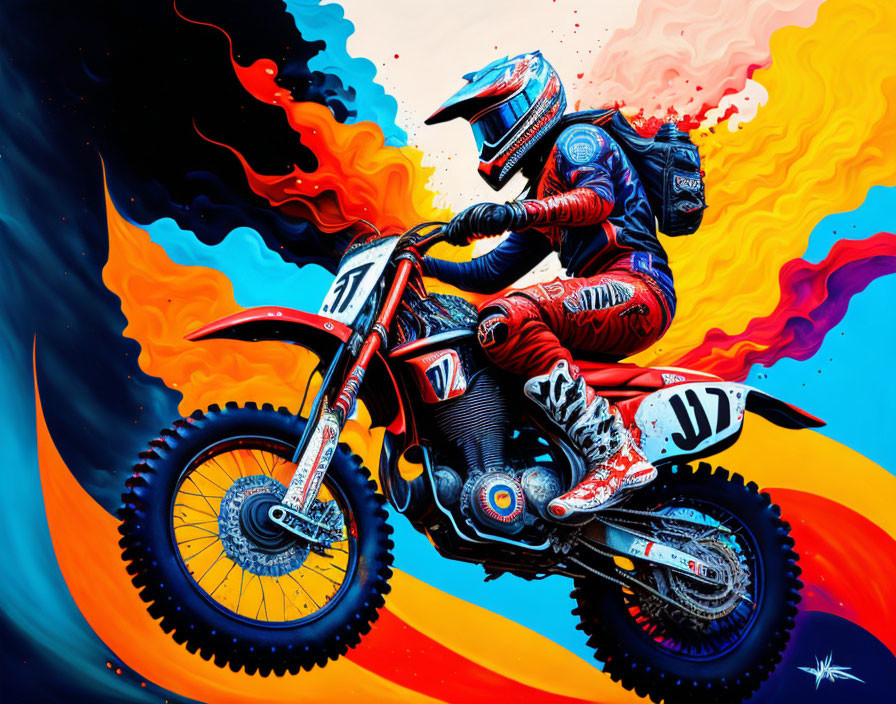 Colorful Motocross Rider Artwork with Smoke Trails on Swirling Background