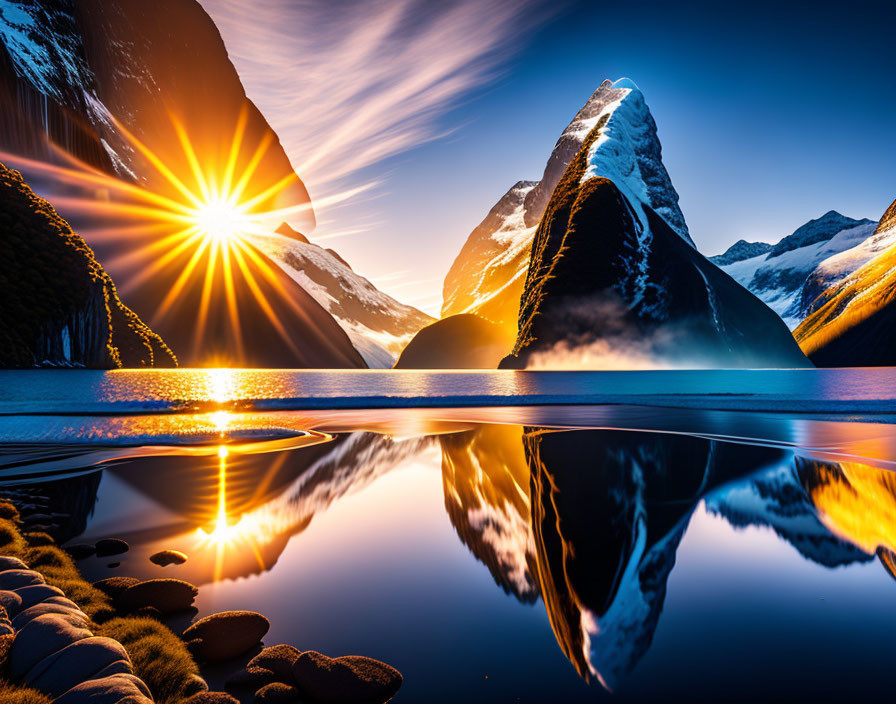 Scenic lake at sunset with mountain peak and snowy backdrop