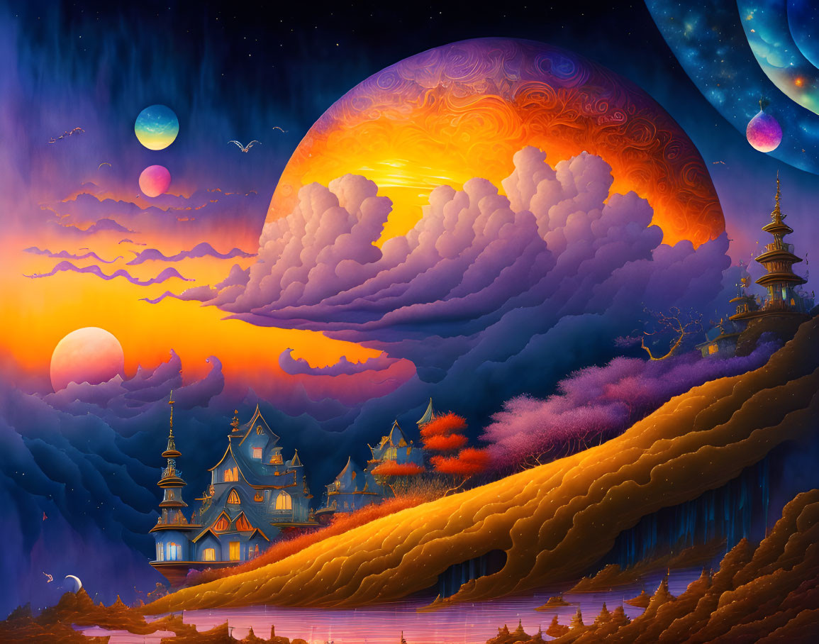 Fantasy landscape with multiple moons, setting sun, traditional buildings, colorful trees, waterfalls, serene