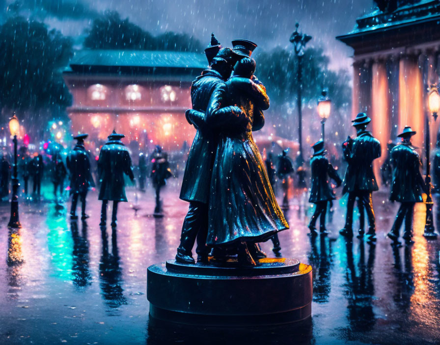 Romantic statue of embracing couple in rain-drenched city setting at twilight