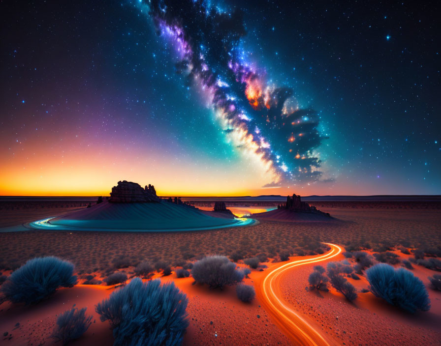 Desert landscape with vibrant Milky Way, winding road, rock formations, oasis, and twilight gradient.