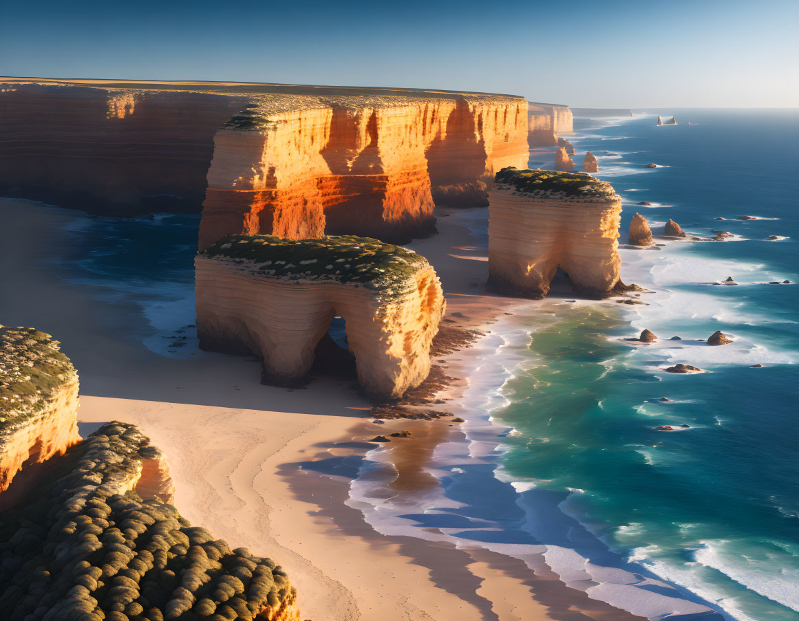 Sunset aerial view of Twelve Apostles limestone stacks at Great Ocean Road