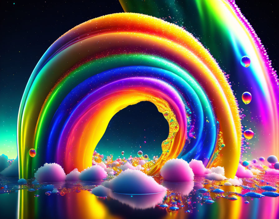 Colorful Rainbow Artwork with Stars, Bubbles, and Water Reflections