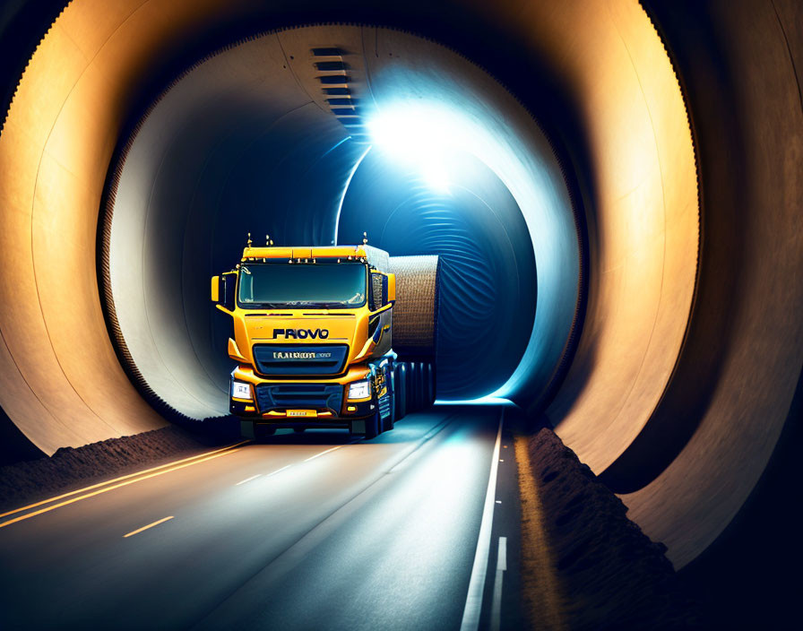 Yellow truck with "PROVO" brand driving in illuminated circular tunnel