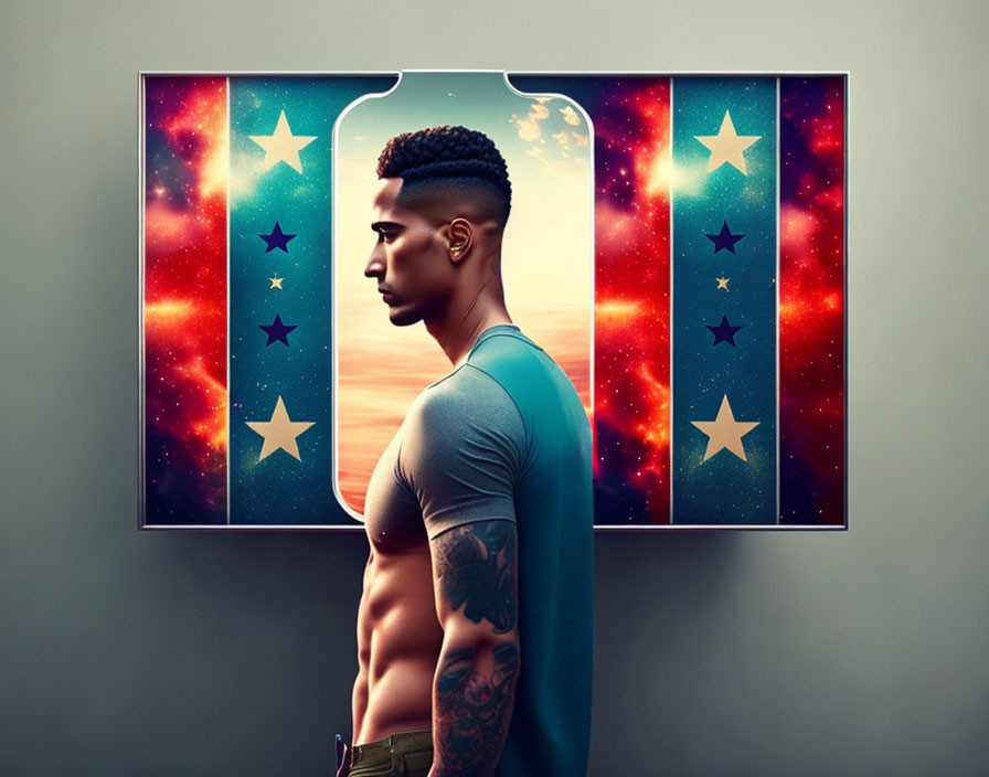 Man with tattoos in front of cosmic backdrop through ticket-shaped window