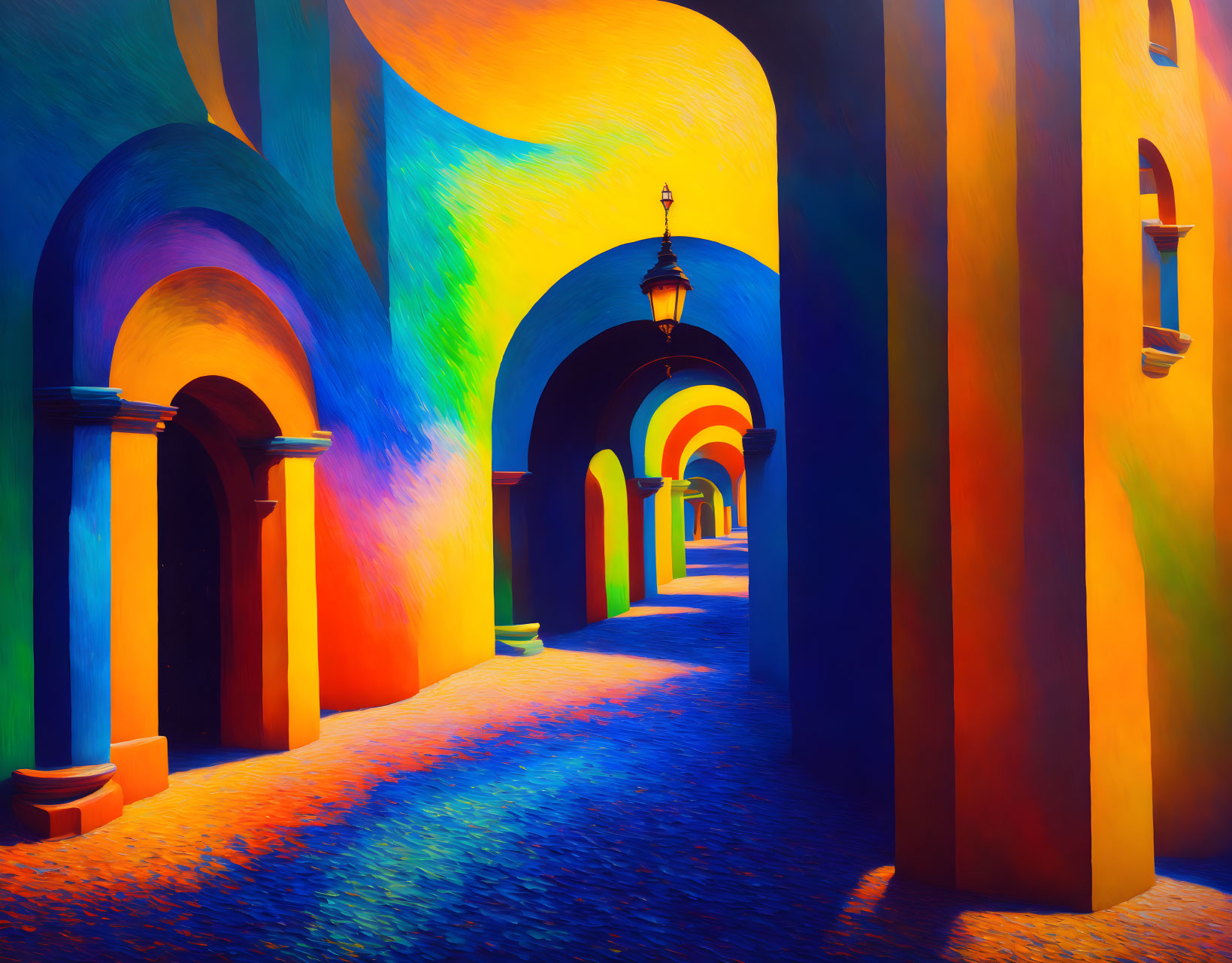 Colorful Painting: Arched Alleyway with Light and Shadow Patterns