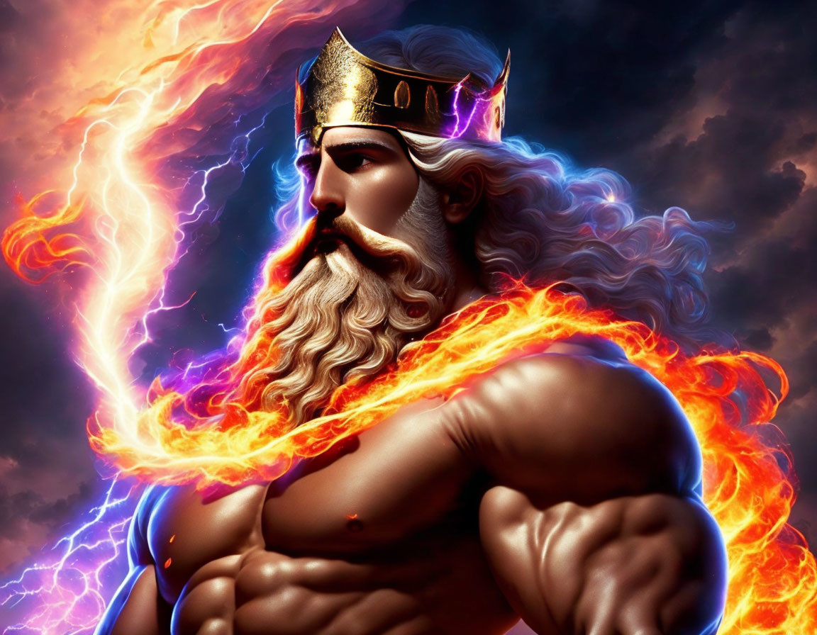 Majestic figure with golden crown in fiery energy against stormy sky