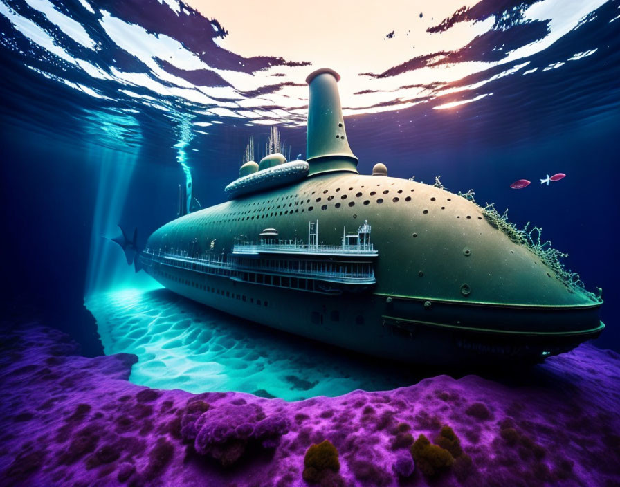 Fantasy submarine in vibrant underwater scene