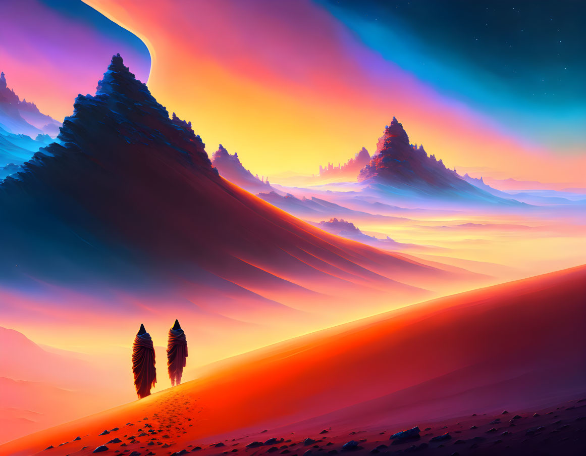 Vibrant orange and blue desert landscape with two figures and floating mountains